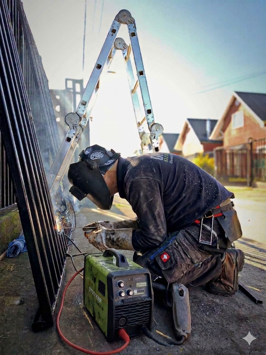Tradesperson welding a residential steel fence powered by a Stryker 150A-B