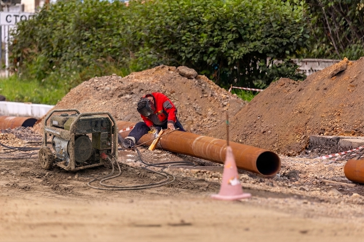 Welder cutting steel pipe on a roadworks site with a portable engine-driven welder nearby
