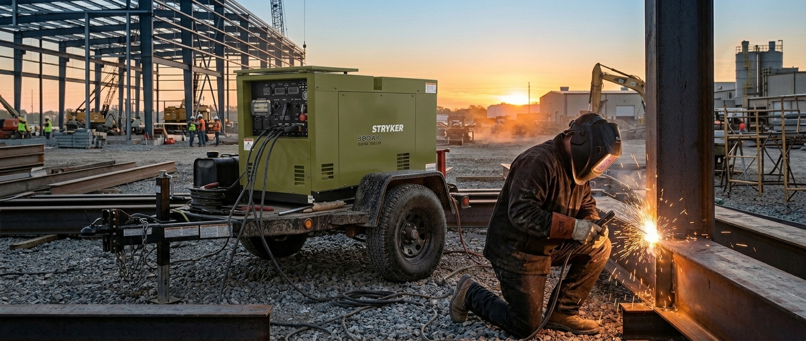Trailer-mounted Stryker 360A-D on a job site with a welder working nearby at sunset