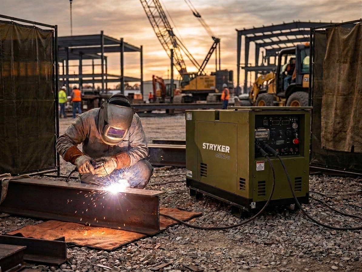 Welder striking an arc on structural steel at sunset beside a Stryker 360A-D welder generator